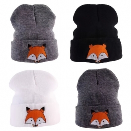 Höst Vinter Barn Mode Broderad Fox Stickad Mössa