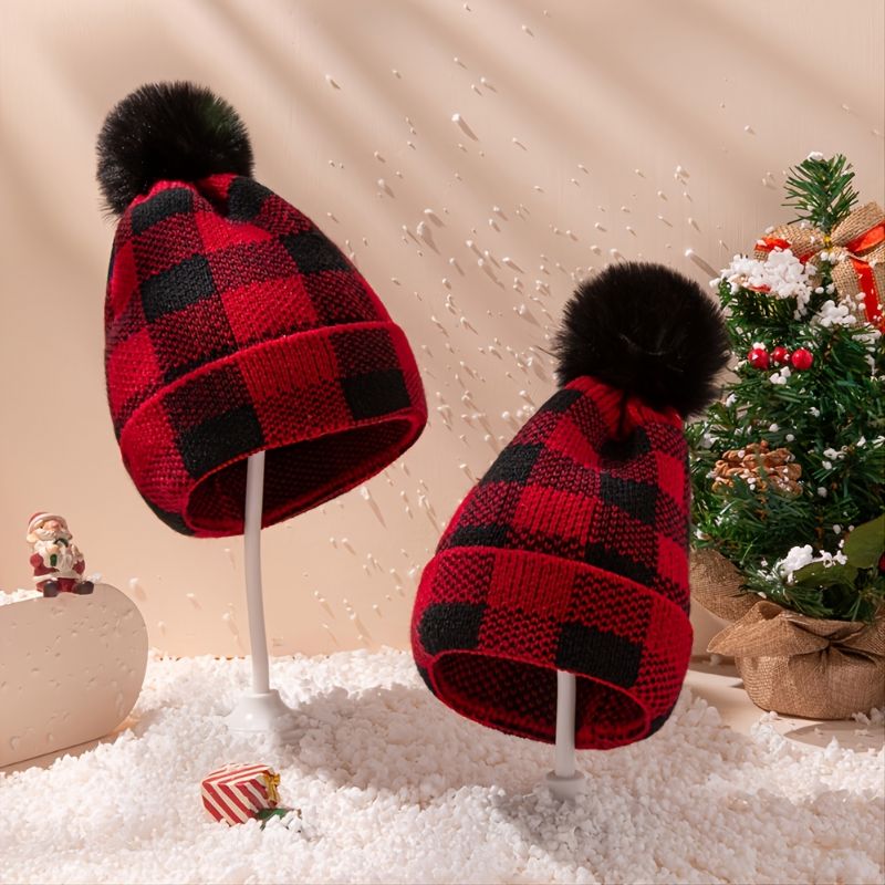 Ny Vinter Pompom Förälder-barn Stickad Mössa Röd Svart Pläd Jul Varm