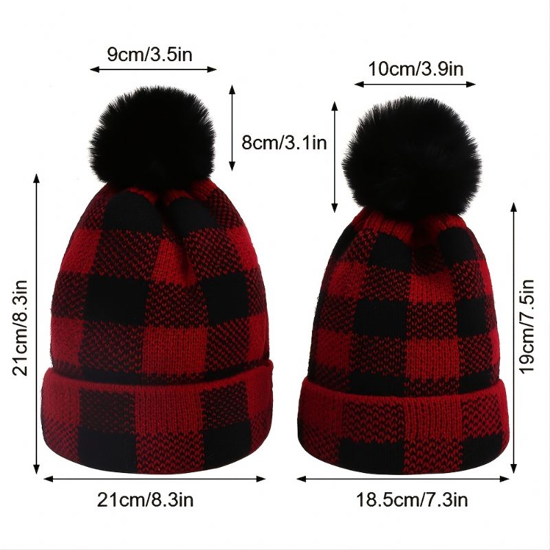 Ny Vinter Pompom Förälder-barn Stickad Mössa Röd Svart Pläd Jul Varm
