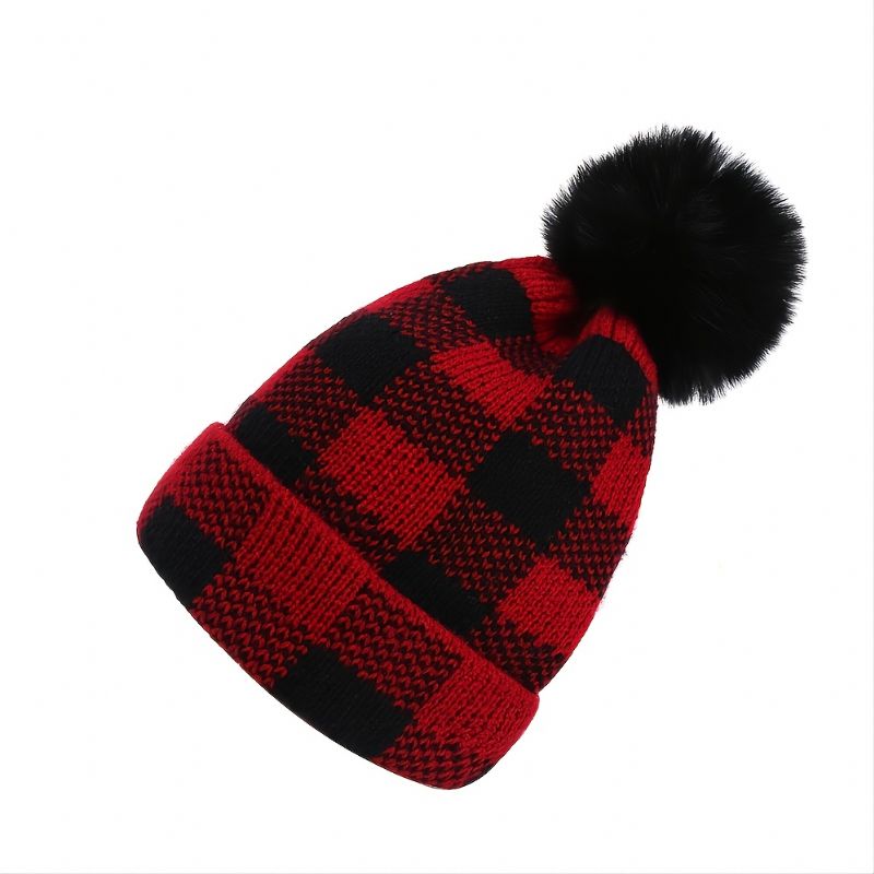 Ny Vinter Pompom Förälder-barn Stickad Mössa Röd Svart Pläd Jul Varm