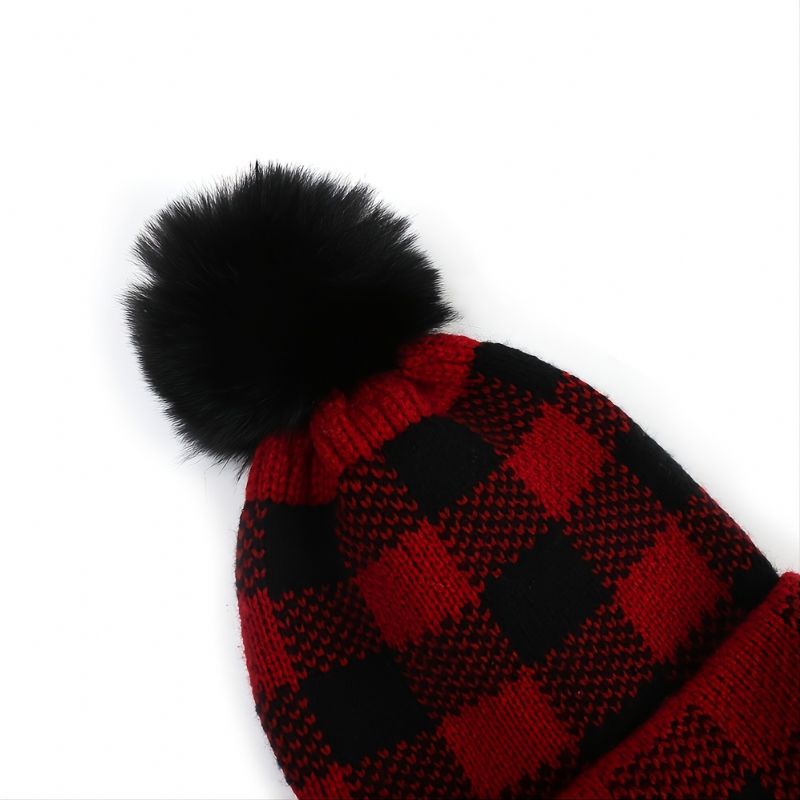 Ny Vinter Pompom Förälder-barn Stickad Mössa Röd Svart Pläd Jul Varm