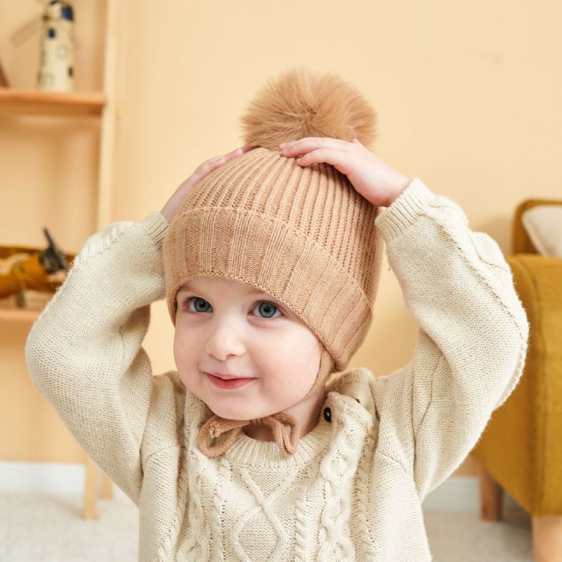 Småbarn Bebis Enfärgad Mössa Stickad Med Pom Pom Förtjockad Varm Hörselskydd Vinter För Flickor Pojkar