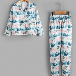 2 St Höst & Vinter Flickor Casual Lapel Leaf Print Långärmade Byxor Pyjamas Set