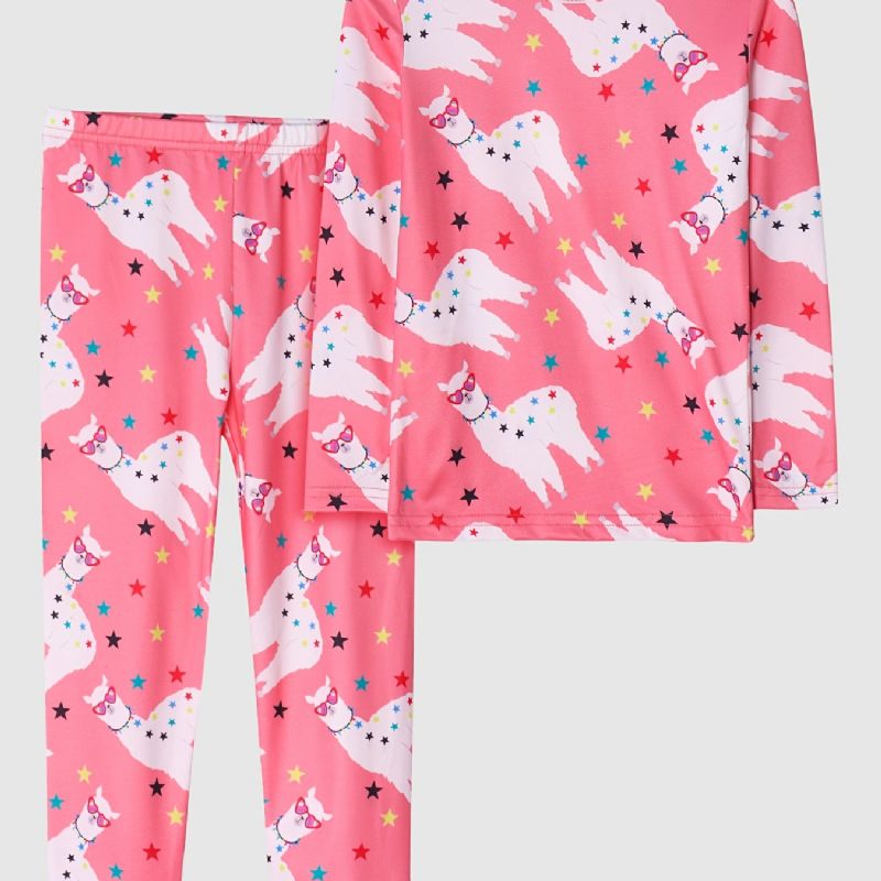 2 St Söta Flickor Tecknade Alpackatryck Pyjamasset Med Långärmade Toppar Och Byxor Rosa