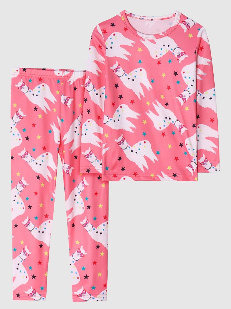 2 St Söta Flickor Tecknade Alpackatryck Pyjamasset Med Långärmade Toppar Och Byxor Rosa