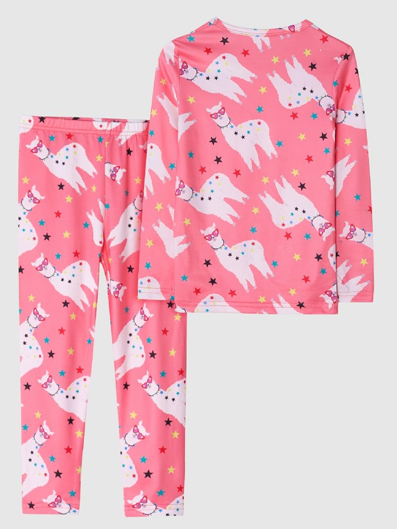 2 St Söta Flickor Tecknade Alpackatryck Pyjamasset Med Långärmade Toppar Och Byxor Rosa