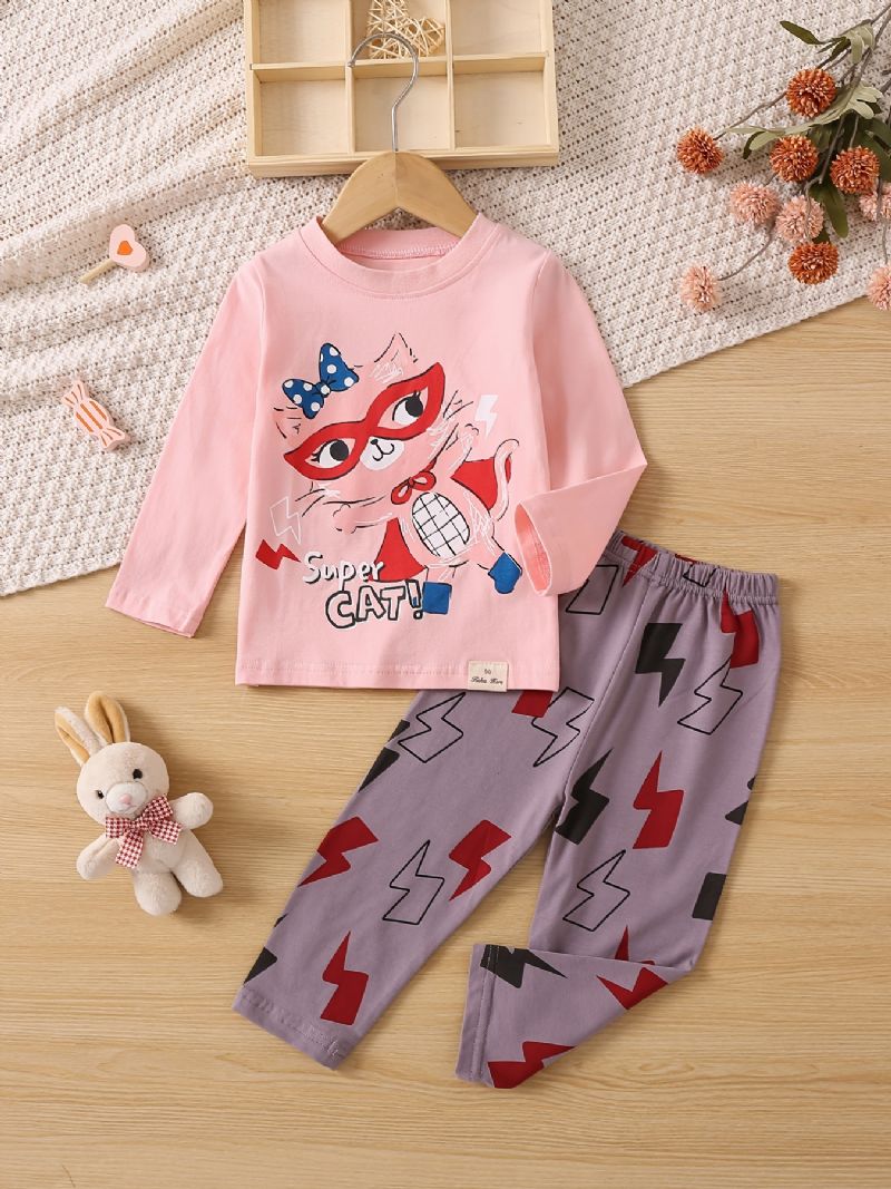 2st Barn Flickor Pyjamas Söta Djur Print Rund Hals Långärmad Topp & Byxor Set
