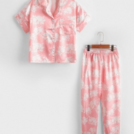 2st Flickor Blommönster Lapel Neck Front Satin Pyjamas Set