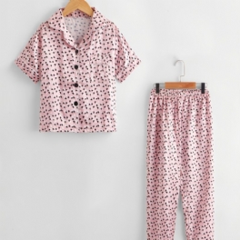 2st Flickor Casual Bekväm Rosa Love Lapel Kortärmade Byxor Pyjamas Set
