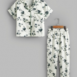 2st Flickor Casual Blommor Print Collared Cardigan Sleeve Byxor Pyjamas Set