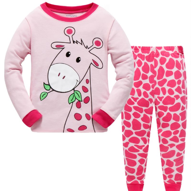 2st Flickor Casual Cartoon Animal Print Crew Neck Rosa Bomull Pyjamas Set