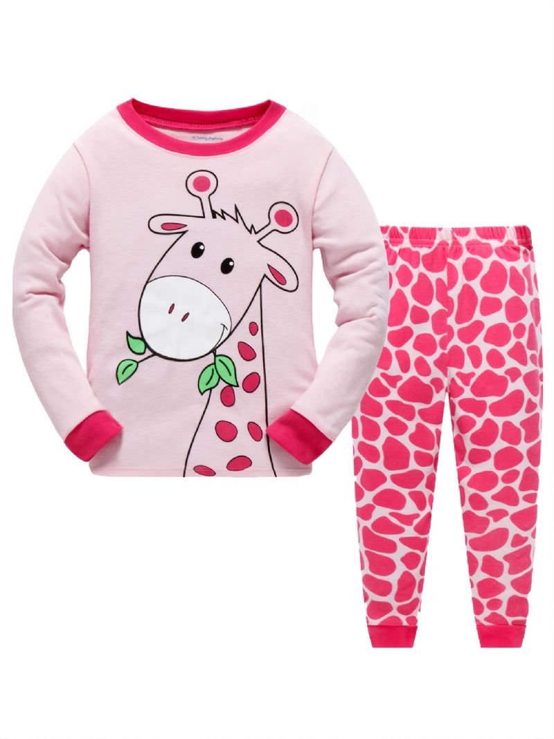 2st Flickor Casual Cartoon Animal Print Crew Neck Rosa Bomull Pyjamas Set