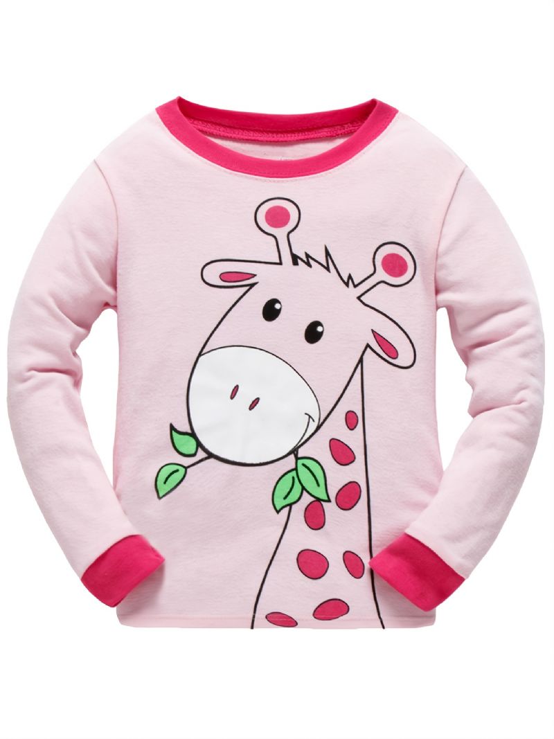 2st Flickor Casual Cartoon Animal Print Crew Neck Rosa Bomull Pyjamas Set