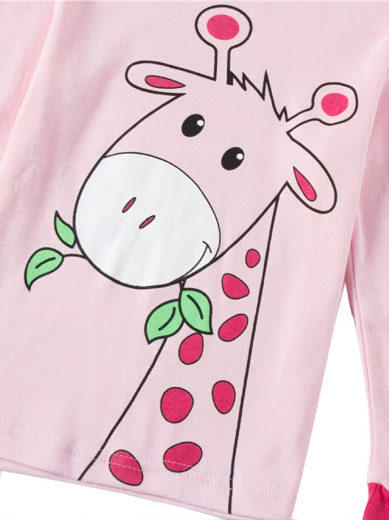 2st Flickor Casual Cartoon Animal Print Crew Neck Rosa Bomull Pyjamas Set