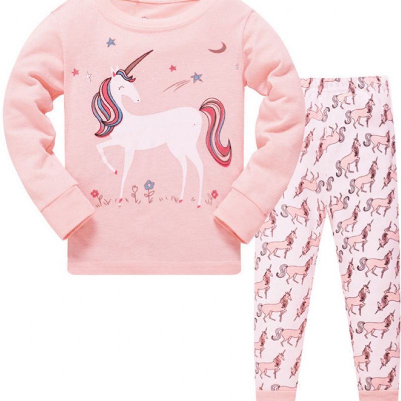 2st Flickor Casual Cartoon Unicorn Print Crew Neck Rosa Bomull Pyjamas Set