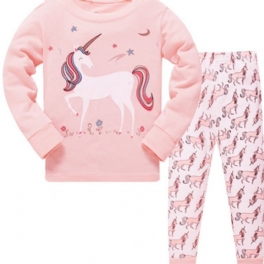 2st Flickor Casual Cartoon Unicorn Print Crew Neck Rosa Bomull Pyjamas Set