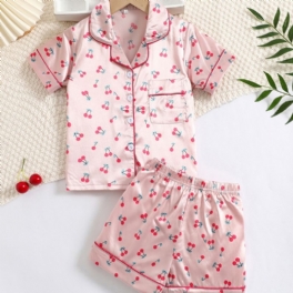 2st Flickor Cherry Print Satin Lapel Neck Pyjamas Set