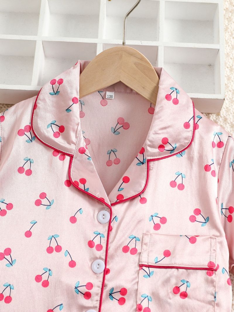 2st Flickor Cherry Print Satin Lapel Neck Pyjamas Set