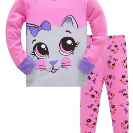 2st Flickor Lovely Cat Print Pyjamas Set Med Långärmad Rundringad Toppar & Byxor För Vinter Rosa
