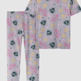 2st Flickor Söt Cartoon Planet Print Pyjamas Set Med Kortärmade Toppar & Byxor