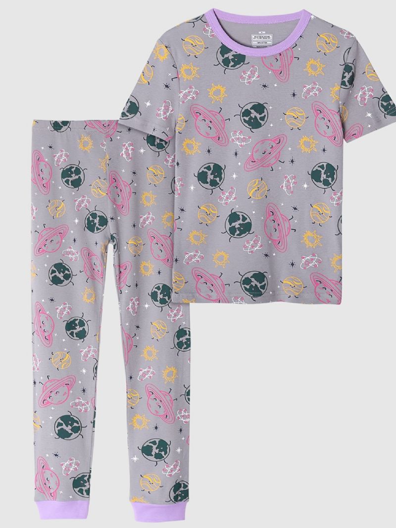 2st Flickor Söt Cartoon Planet Print Pyjamas Set Med Kortärmade Toppar & Byxor
