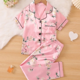 2st Flickor Stort Blommönster Knapp Främre Satin Pyjamas Set