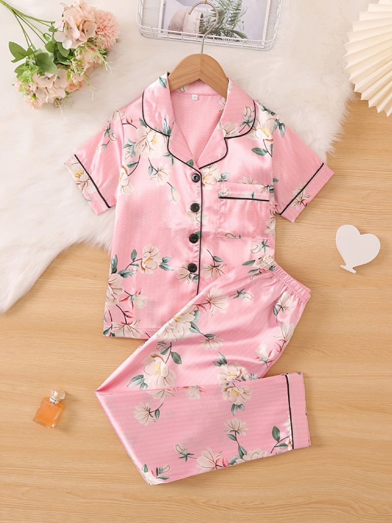 2st Flickor Stort Blommönster Knapp Främre Satin Pyjamas Set