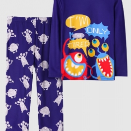 2st Pojkar Casual Cartoon Monster Pyjamas Set Med Långärmade Toppar Och Byxor Marinblå