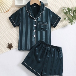 2st Pojkar Randigt Mönster Satin Lapel Neck Pyjamas Set