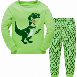 2st Pojkar Tecknad Dinosaur Print Pyjamas Set Söt Casual Termisk Rund Hals Långärmade Toppar Och Byxor För Vintern