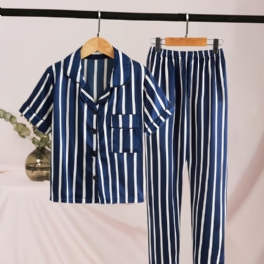 2st Småbarn Flickor Pj Set Barn Casual Blå Ribbad Krage Ärm Byxor Pyjamas Set