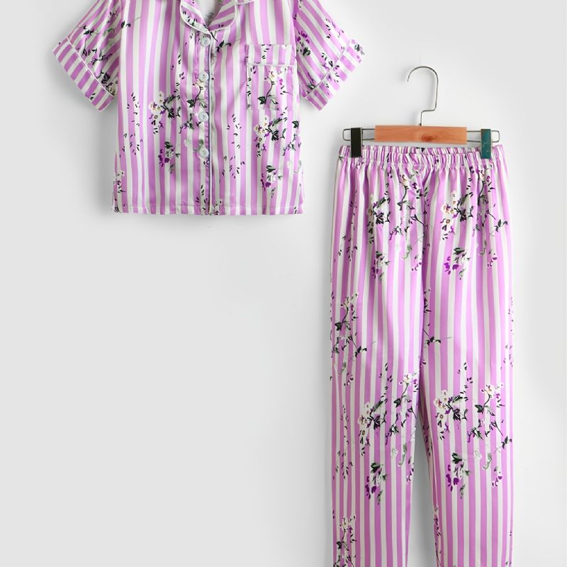 2st Småbarn Flickor Rosa Randig Ditsy Blommig Krage Ärmbyxor Casual Pyjamas Set P119-2