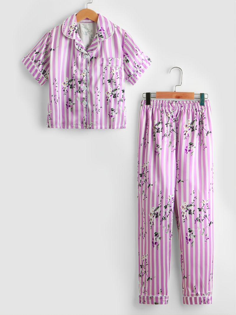 2st Småbarn Flickor Rosa Randig Ditsy Blommig Krage Ärmbyxor Casual Pyjamas Set P119-2