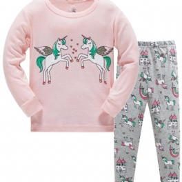 2st Tecknade Pyjamasset För Flickor Med Enhörningstryck Med Långärmad Tröja Och Byxor För Vintern