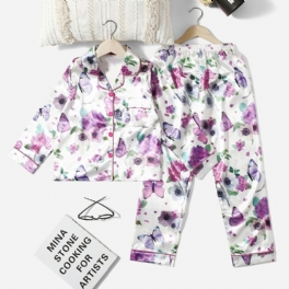 2st Tjejkrage Cardigan Pyjamasset Med Vitt Blommönster Lila Fjäril
