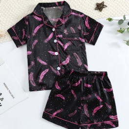 Barn Flickor Kortärmad Rosa Fjädertryckt Casual Pyjamasset
