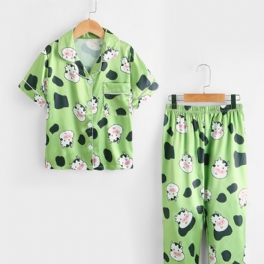 Barn Flickor Pojkar Komönster Satin Lounge Wear Hemkläder Kortärmad Topp & Matchande Byxset Barnkläder Pyjamasset