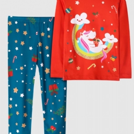 Barn Flickor Pyjamas Unicorn Moon Print Rund Hals Långärmad Topp & Byxor Set