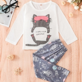 Barn Flickor Tecknad Söt Katt Print Långärmad Pyjamas Set