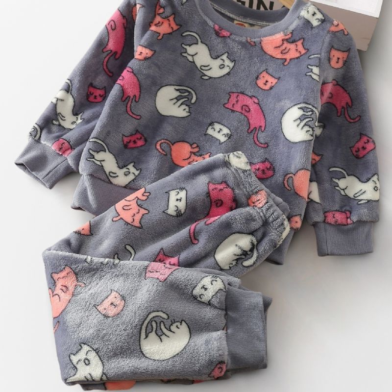 Barn Söt Kitty Långärmad Fleece Pyjamas Set