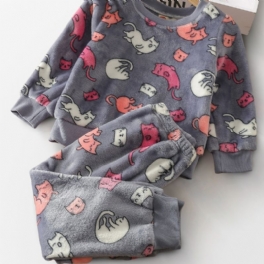 Barn Söt Kitty Långärmad Fleece Pyjamas Set