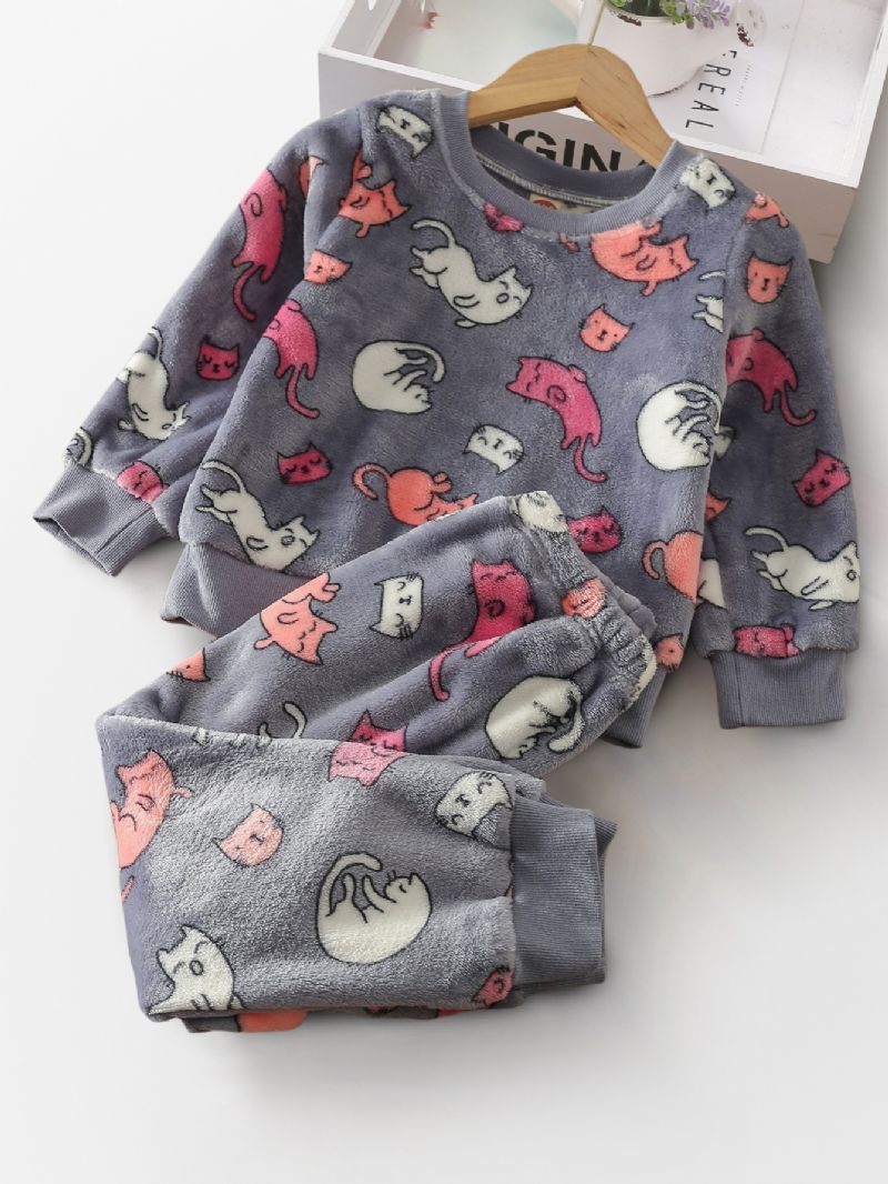 Barn Söt Kitty Långärmad Fleece Pyjamas Set