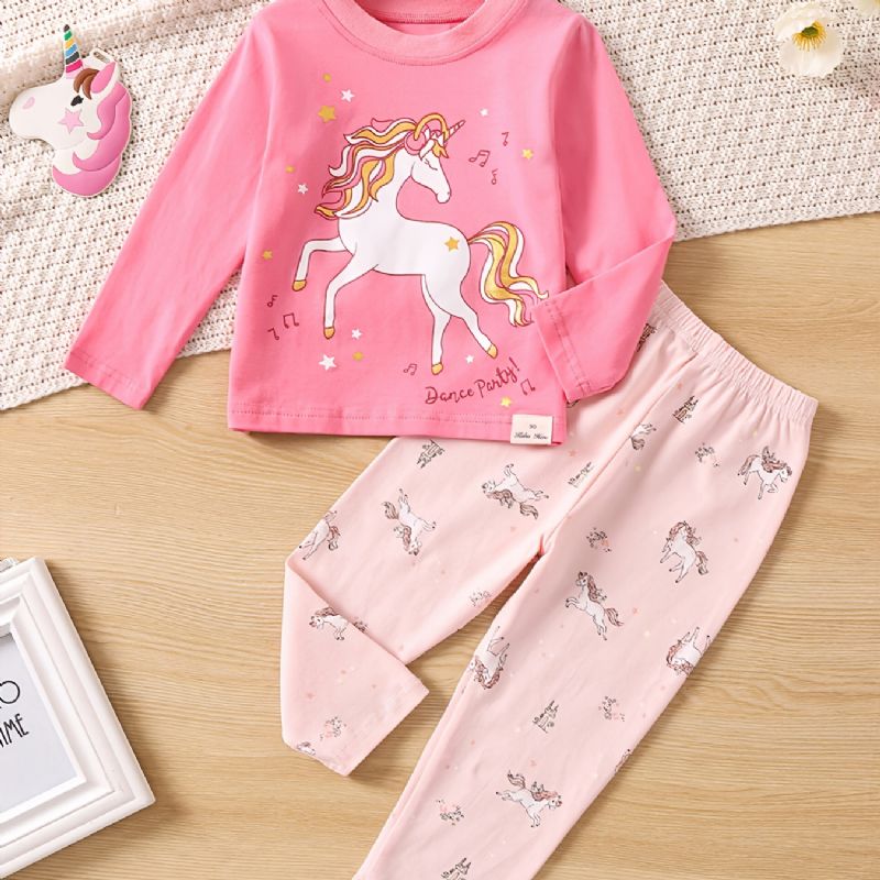 Barn Söt Unicorn Print Crew Neck Top Långärmad Byxa Pyjamas Set