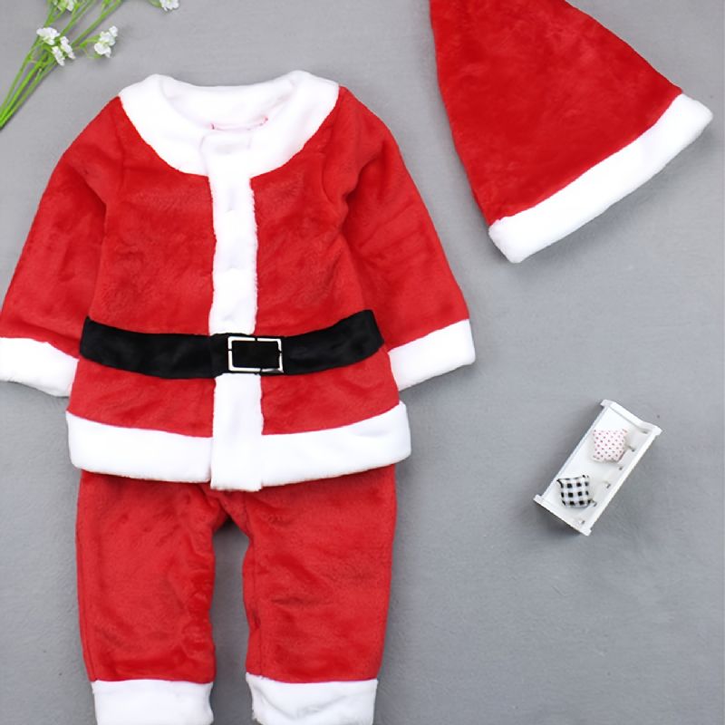 Bebis Casual Warm Christmas Långärmad Flanell Jumpsuit Pyjamas Med Hatt