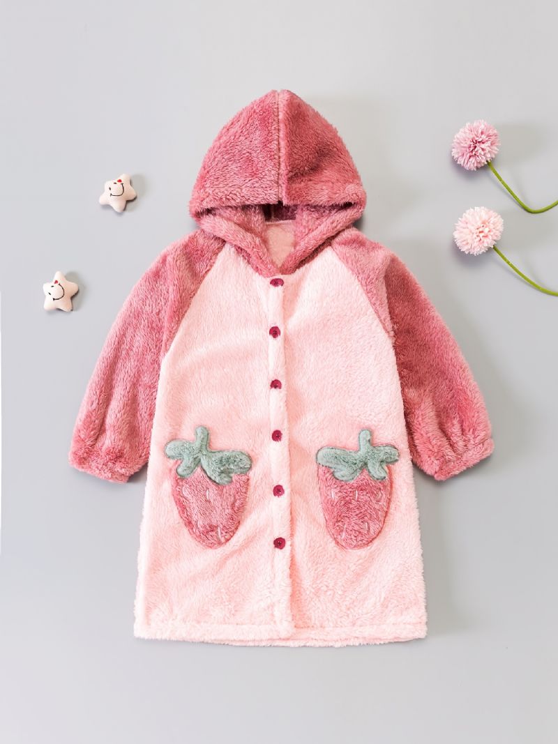 Bebis Flickor Hooded Color Block Morgonrock Jordgubbsknappar Pyjamas Coral Fleece Mjuk Varma Sovkläder Vinter Barnkläder