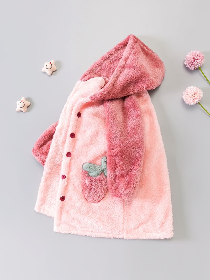 Bebis Flickor Hooded Color Block Morgonrock Jordgubbsknappar Pyjamas Coral Fleece Mjuk Varma Sovkläder Vinter Barnkläder