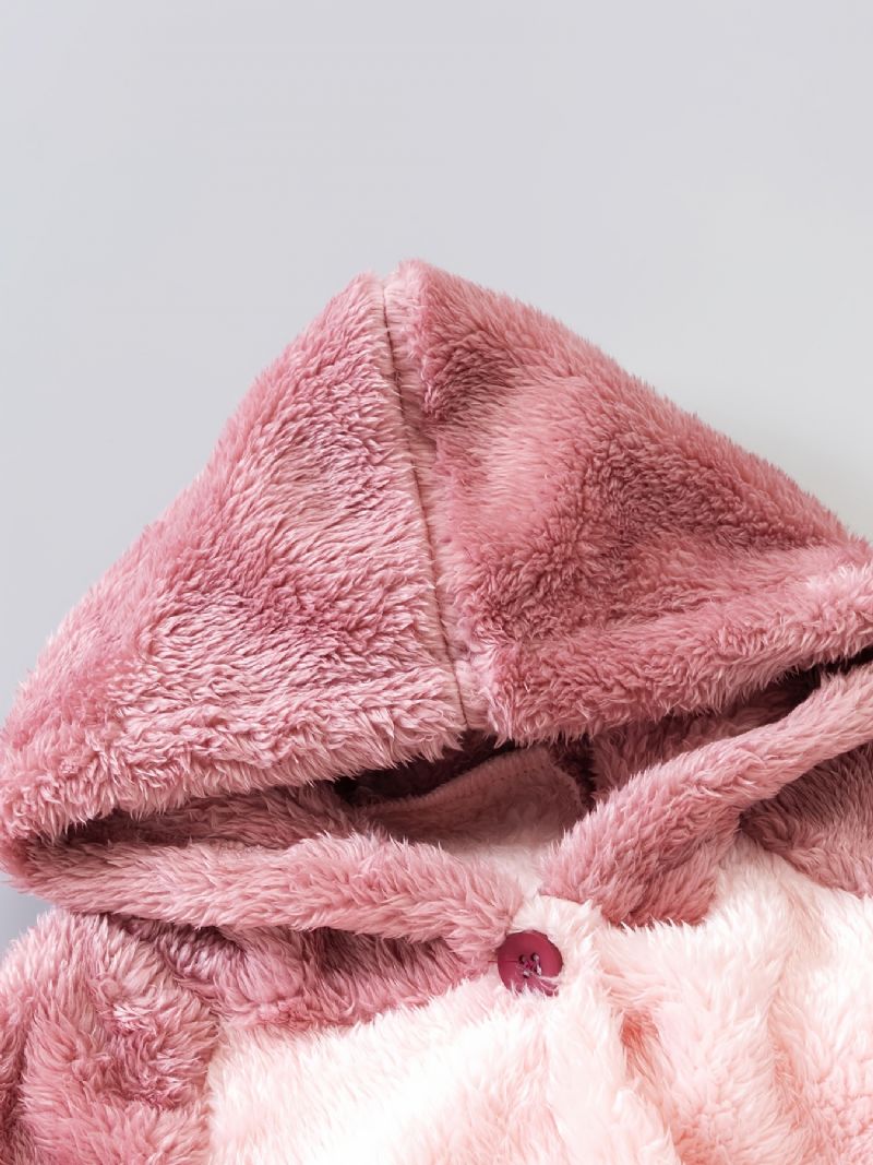 Bebis Flickor Hooded Color Block Morgonrock Jordgubbsknappar Pyjamas Coral Fleece Mjuk Varma Sovkläder Vinter Barnkläder