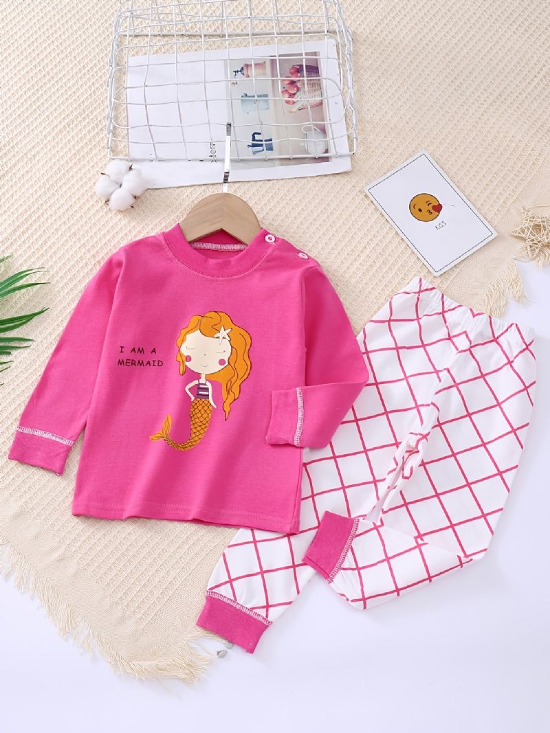 Bebis Flickor Pyjamas Familjeoutfit Tecknad Sjöjungfrutryck Rundhalsad Långärmad Topp Och Byxa Set
