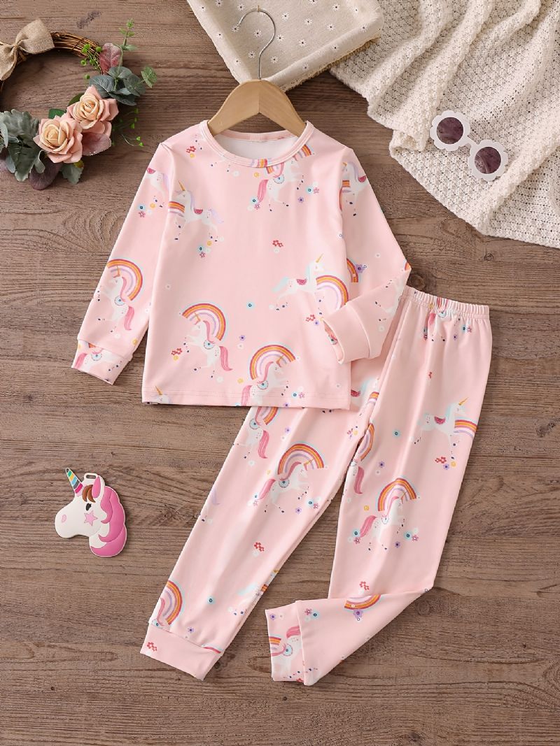 Bebis Flickor Pyjamas Familjeoutfit Unicorn Print Rund Neck Långärmad Topp & Byxa Set Barnkläder