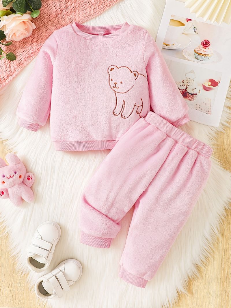 Bebis Flickor Söt Pyjamas Set Med Fleece Termisk Bear Print Pullover Top & Byxor För Vinter Hem